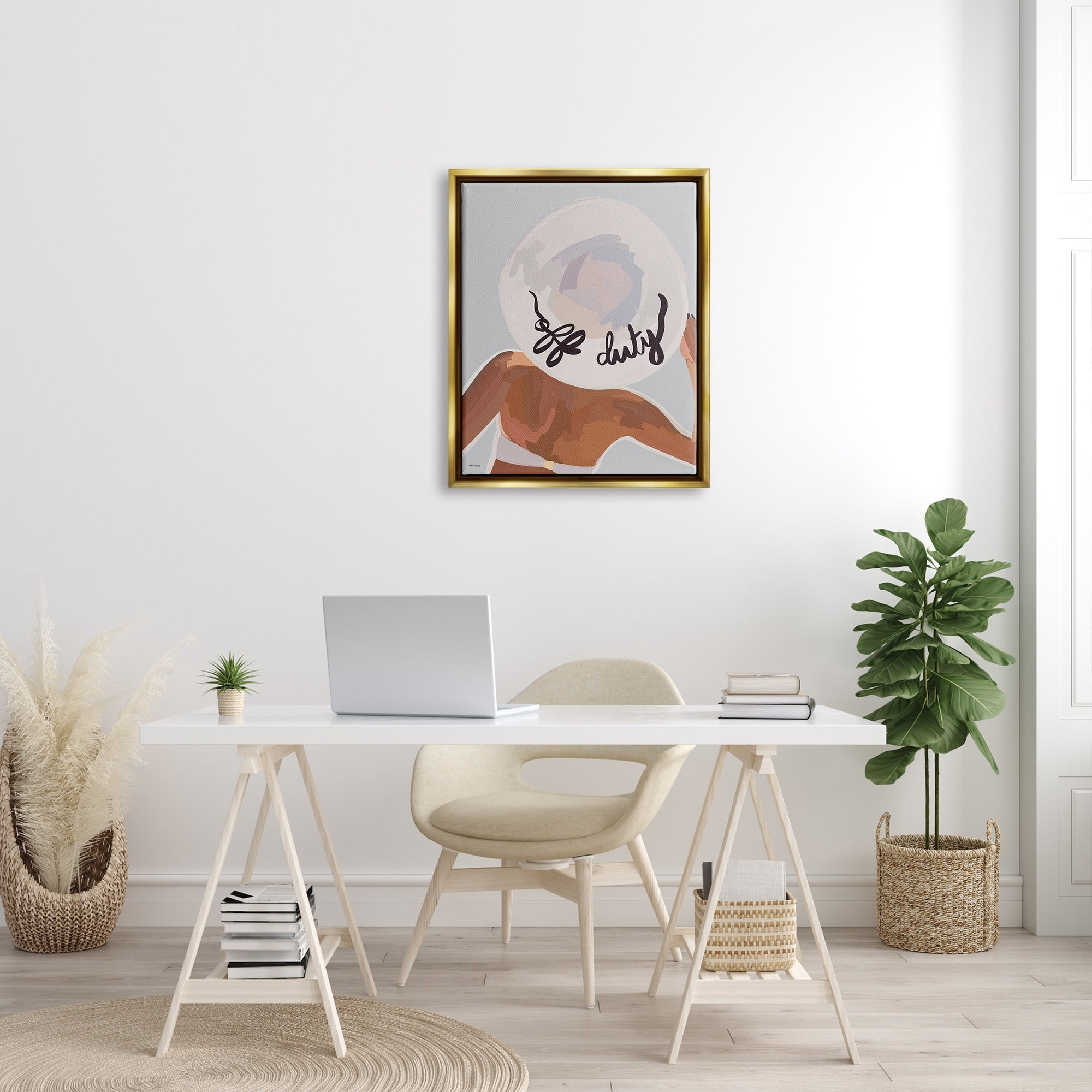 Stupell Industries Off Duty Relaxing Summer Vacation Beach Woman Graphic Art Metallic Gold Floating Framed Canvas Print Wall Art, Design by Amelia Noyes