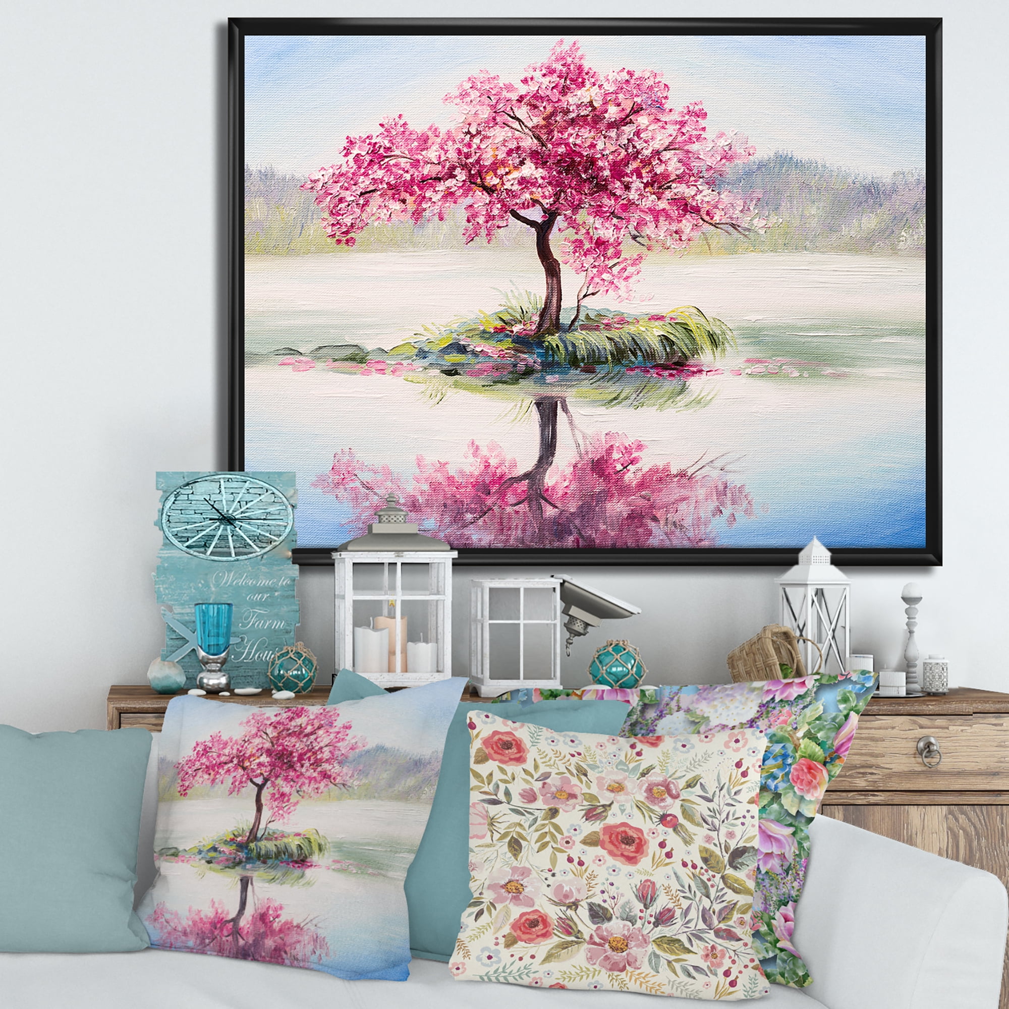 Designart 'Oriental Cherry Pink Tree Sakura On The Lake' Lake House Framed Canvas Wall Art Print