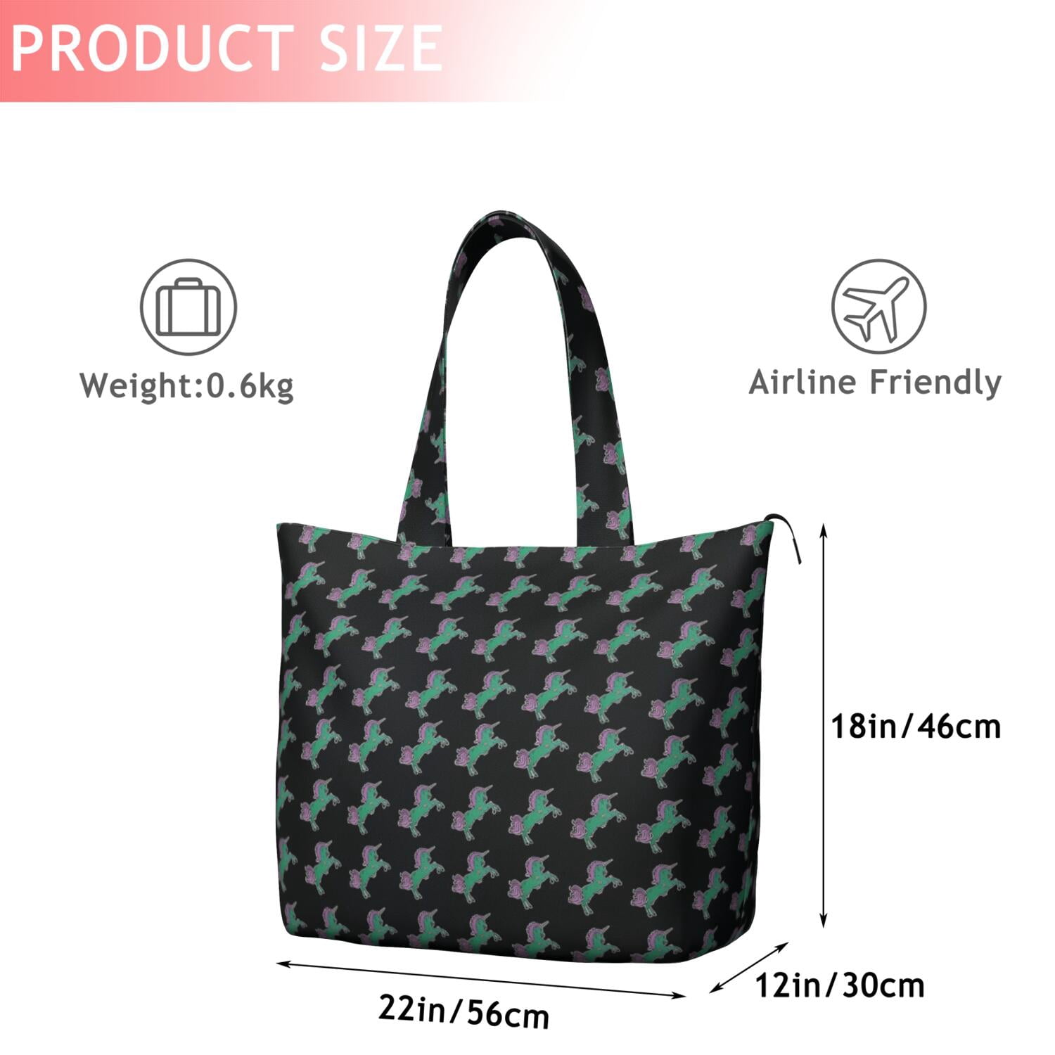 Black Cartoon Unicorn Pattern Travel Tote Bags for Women Carry On,Large Weekender Bags for Women Travel,Multi Functional Duffle Bag for Work,Shopping,Sports