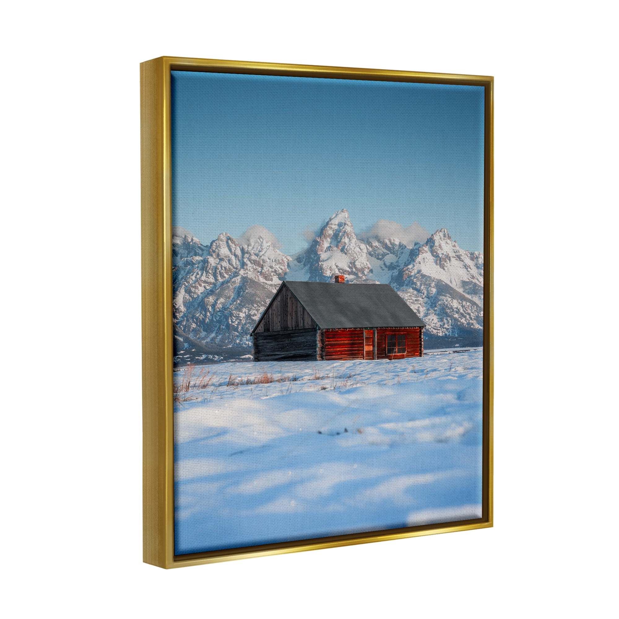 Stupell Industries Cabin in Snowy Mountains Landscape Photography Gold Floater Framed Canvas Art Print Wall Art, 17 x 21