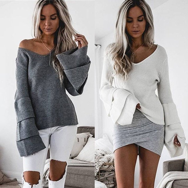 Nouveau Pull Décontracté à Manches Longues pour Femmes, Col en V