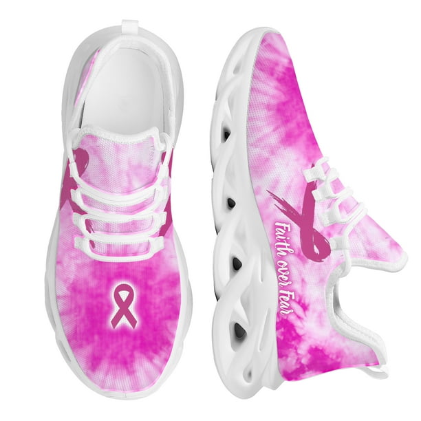 Zapatillas de deporte para mujer, de malla, color rosa, de alta calidad, con diseño de cáncer de mama, talla 48, de malla blanca, para tenis.