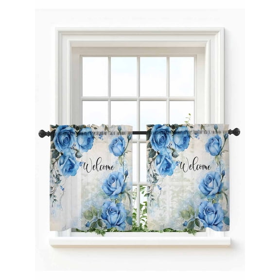 Spring Blue Rose Tier Curtains 36 Inch Length,Sheer Curtains for Bedroom Living Room Window Green Leaves Vintage Country Rustic Rod Pocket Drapes Kitchen Curtains Small Half Window 27.5"x36" 2 Panels