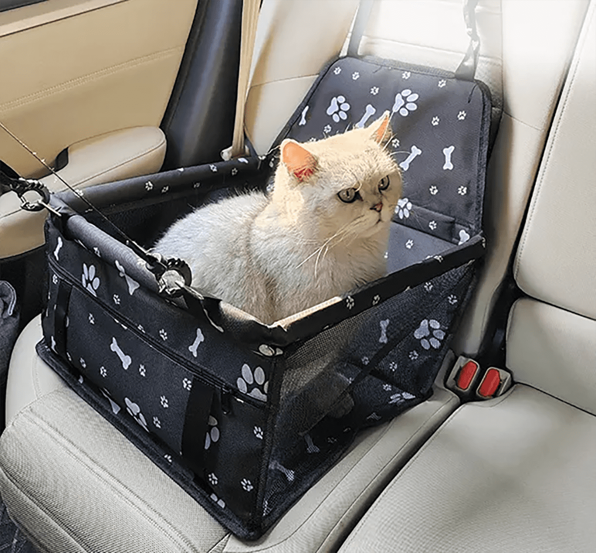 Asunby Foldable Dog Car Seat, Waterproof Dog Car Booster Seats Portable Pet Booster Travel Safety Protector for S/m Dogs, Puppies, Bones & Footprints Black