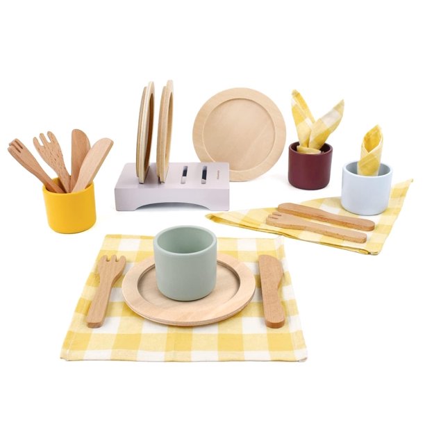 Pillowhale Juego de platos y platos de juguete de madera, juego de cubiertos y platos de cocina, 21 piezas, juego de cocina para niños, accesorios para niños pequeños, niñas a partir de 3 años