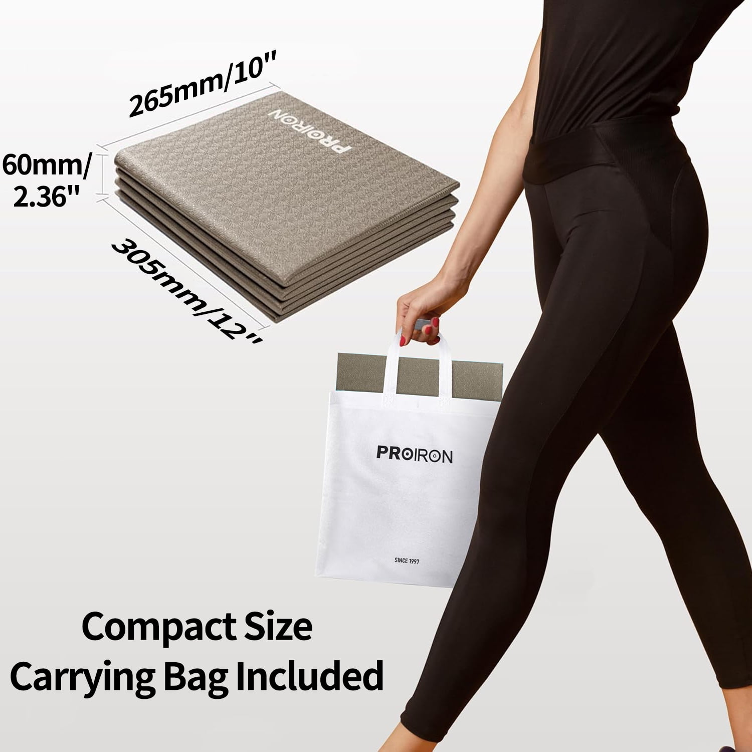 PROIRON Foldable Travel Yoga Mat 0.16" PVC, Folding Exercise Mat Non Slip for Yoga Pilates Camping Outdoors, Lightweight Packable, Brown