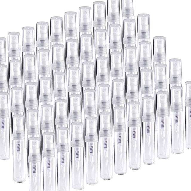 Paquete de 60 minibotellas de plástico transparente de 3 ml con atomizador de perfume lindo vacío para limpieza, viajes, aceites esenciales, perfumes.