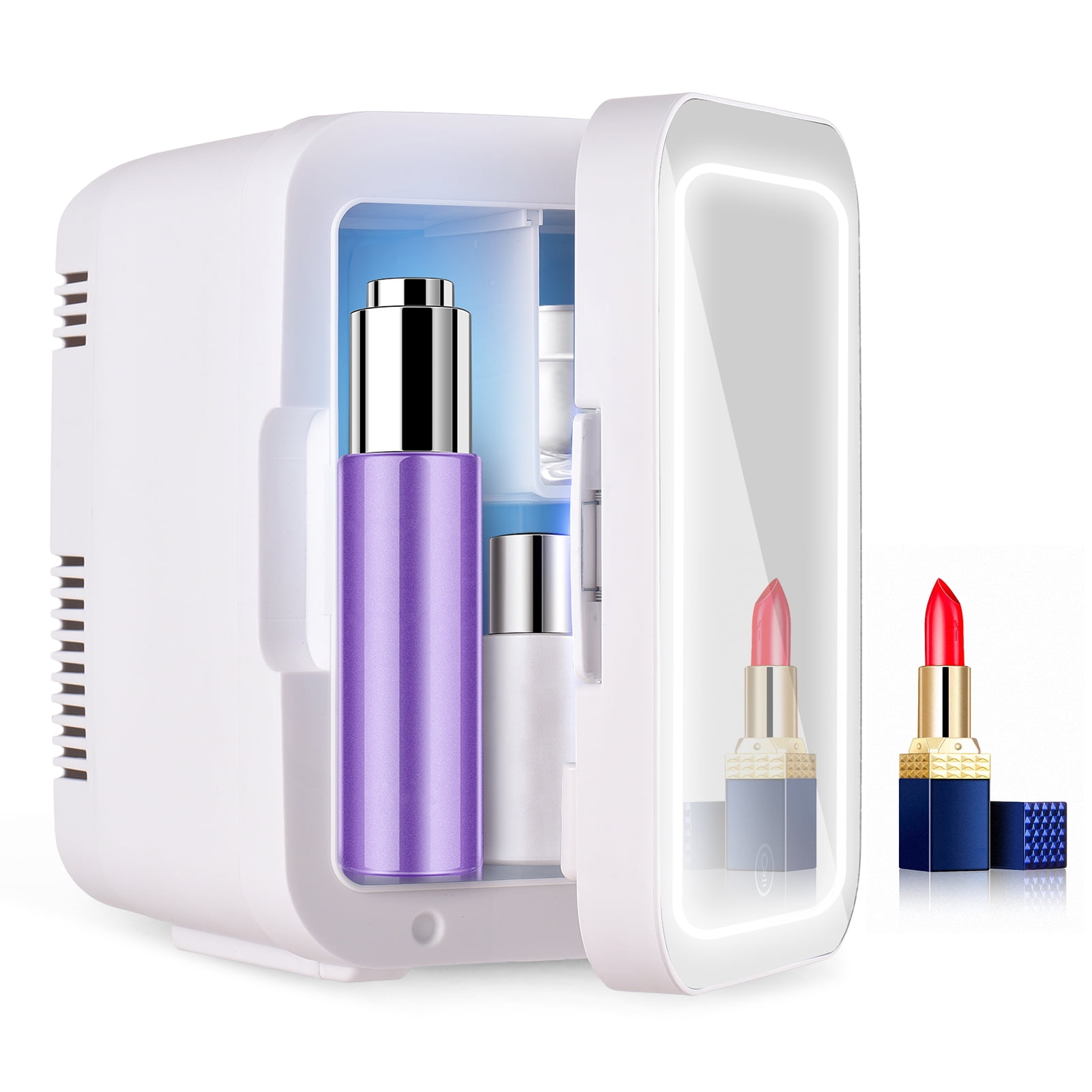 LAZIOEGR White 4L Skincare Fridge, Dimmable LED Mirror Door Portable Personal Refrigerator Cooler and Warmer, 10.63 x 8.66 x 7.08 inches / 27 x 22 x 18 cm, 110V US