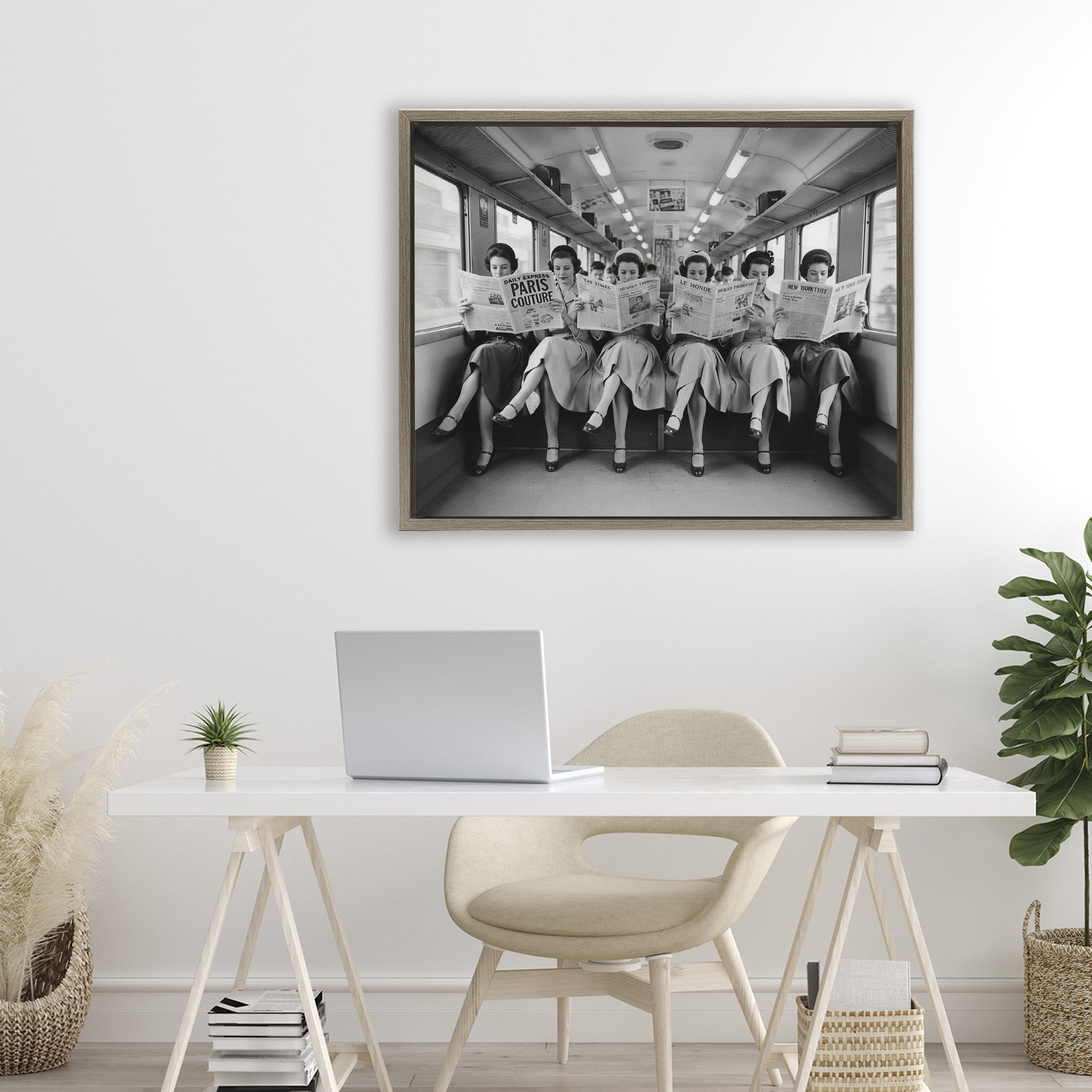 Stupell Industries Newsprint Ladies on Train Brown Framed Floater Canvas Wall Art, design by A Barefoot Stylist
