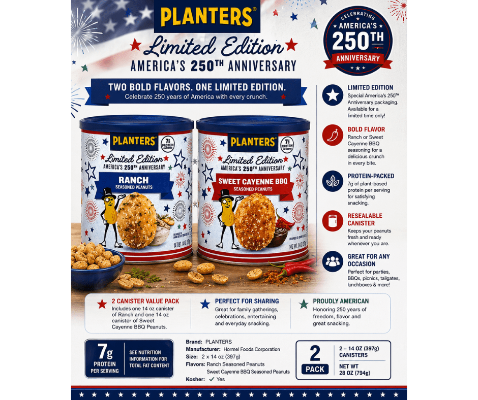 PLANTERS Limited Edition America's 250th Anniversary Ranch & Sweet Cayenne BBQ Seasoned Peanuts, 14 oz Canisters - 2 Pack Variety Set