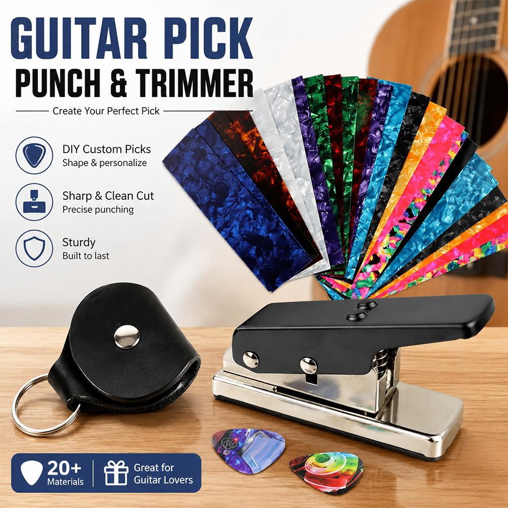 Guitar Pick Punch Maker Kit with 25 Colorful Sheets, Heavy Duty DIY Plectrum Cutter Tool Set for Custom Picks