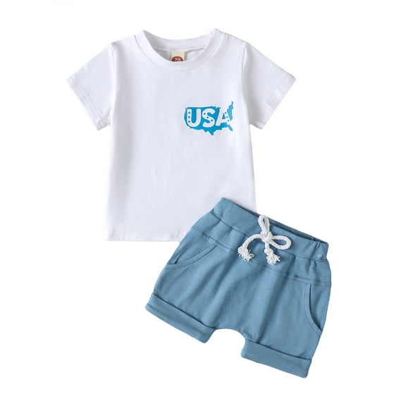 Wassery Independence Day Clothes Toddle Boys 4th of July Outfits Summer Double-sided Map Print Short Sleeve T-shirt and Casual Elastic Shorts Set