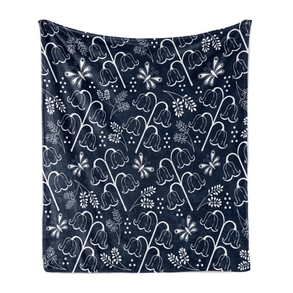 Navy Blue Soft Flannel Fleece Throw Blanket, Tulip Bluebell Flower Pattern with Foliage Leaf Branches Feminine Print, Cozy Plush for Indoor and Outdoor Use, 50" x 60", Dark Blue White, by Ambesonne