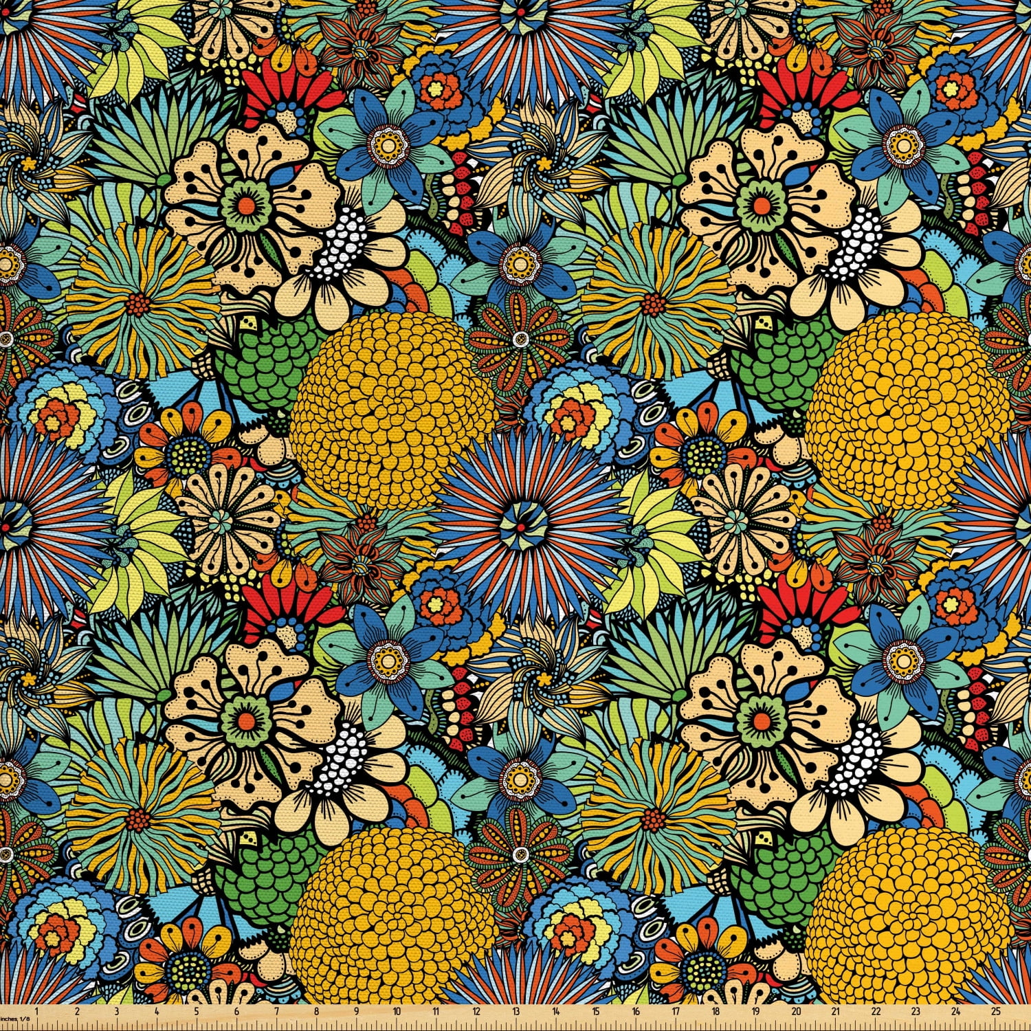 Garden Art Fabric by The Yard, Whimsical Florist Pattern with Doodle Funny Plants Rich Summer 