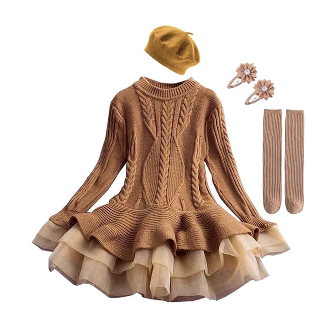 Vestidos tejidos de manga larga para niñas, Otoño Invierno, fiesta de cumpleaños cálida, disfraz de princesa con volantes, disfraz de Navidad rojo para niños, Vestido6T(130) Gao Jinjia LED