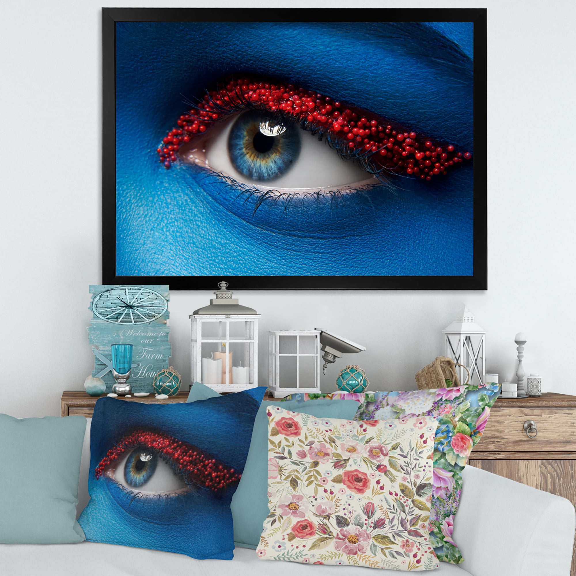 Designart 'Woman Eye With Blue Paint On Face & Red Balls' Modern Framed Art Print