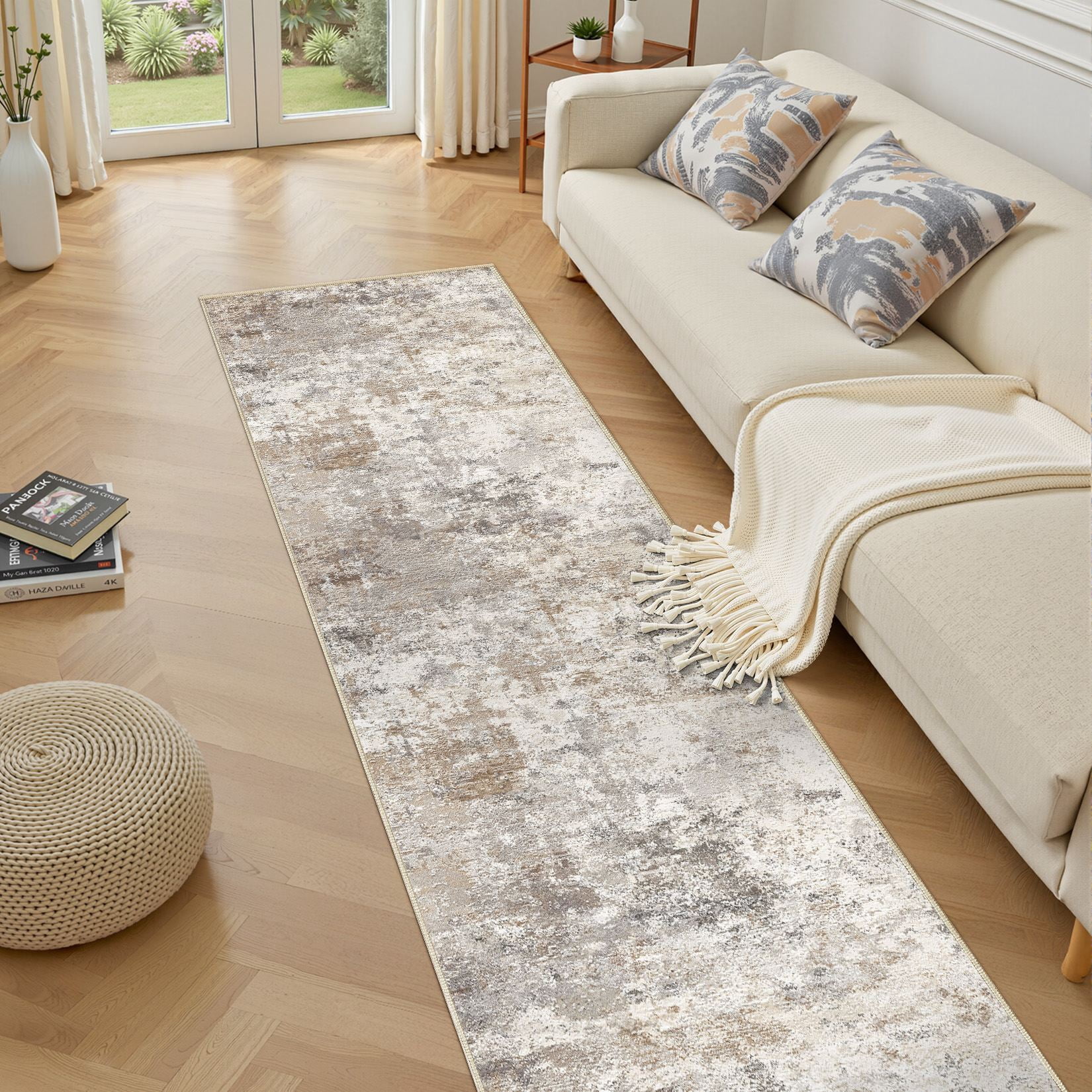 Toyoso 3x7 Washable Runner Rug Distressed Modern Abstract Brown Grey Low Pile Machine Washable Area Rug For Hallway Entryway Bedside Indoor Long Carpet Decor