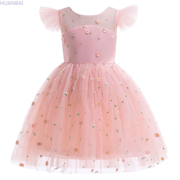 HUANBAI Child Girls Summer Fly Sleeves Tulle Dress Flower Embroidery Bow Knot Princess Dress Gown Dress T-Shirt Dress 4-5 Years