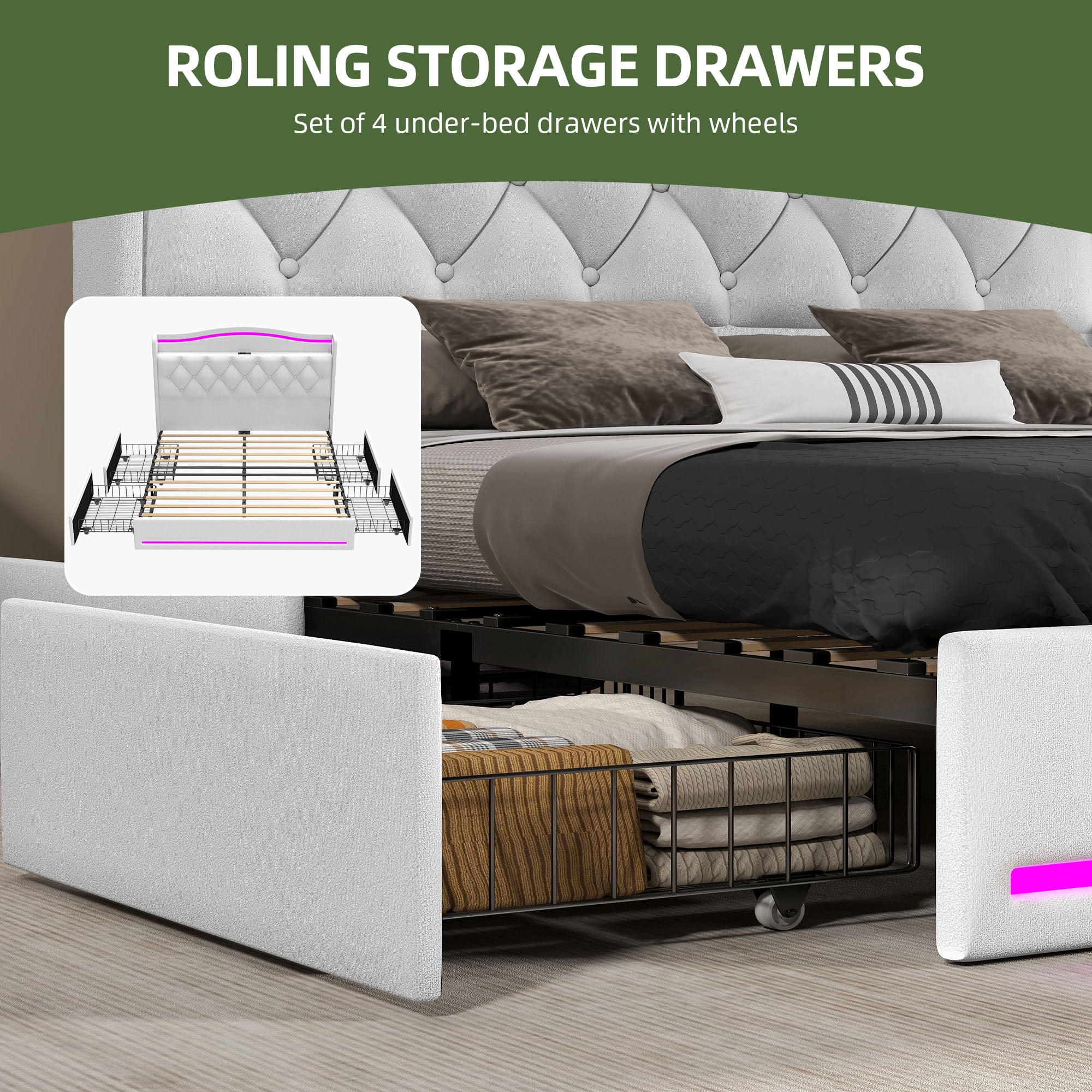 Uforic Queen Size Velvet Upholstered Bed Frame with RGB LED Ambient Light, Built-in Charging Station, No Box Spring Required, White