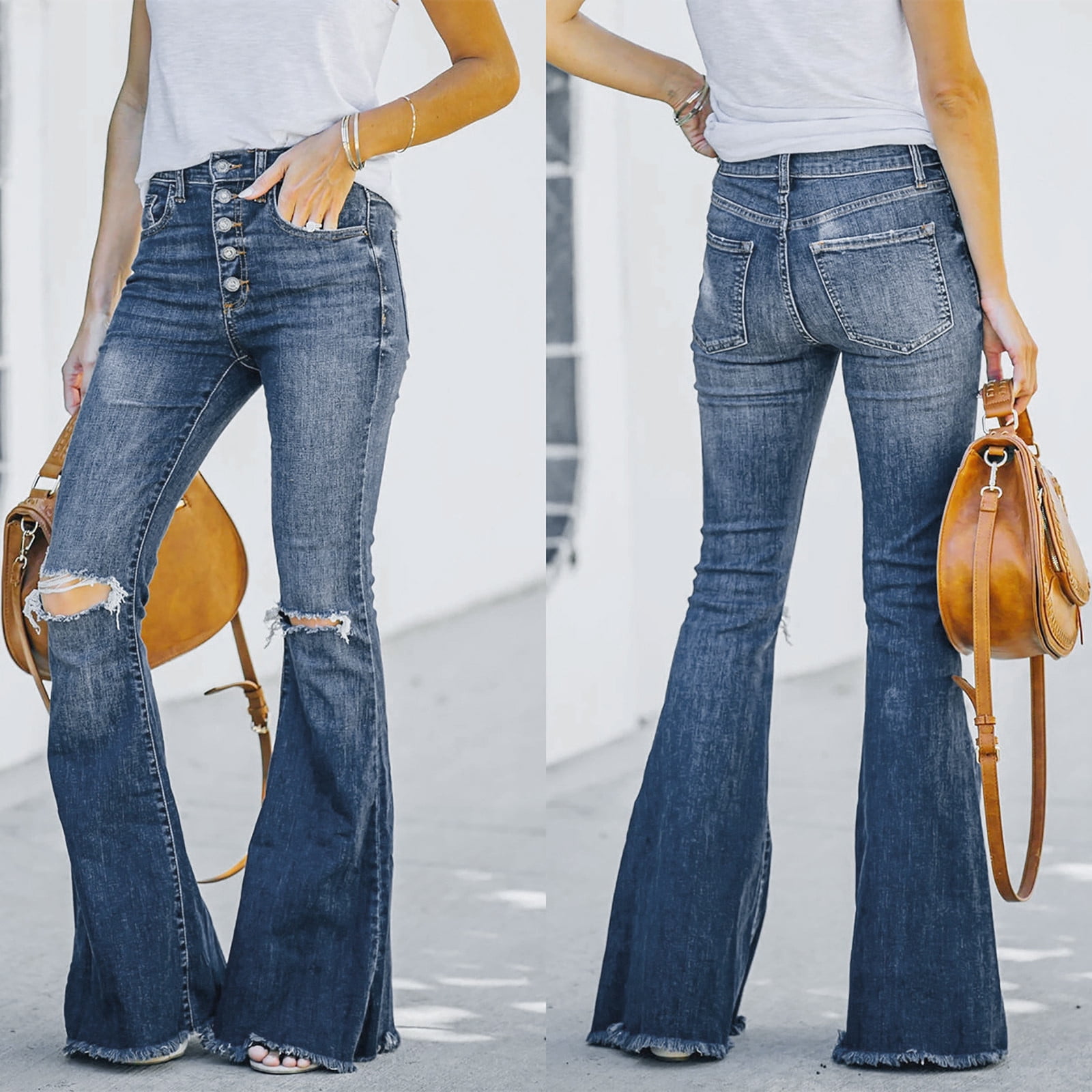 High waisted fringe bottom jeans outlet