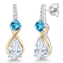 Gem Stone King 925 Sterling Silver and 10K Yellow Gold Pear Shape White Moissanite Swiss Blue Topaz and White Lab Grown Diamond Dangle Earrings for Women (3.09 Cttw, Pear Shape 8X6MM)