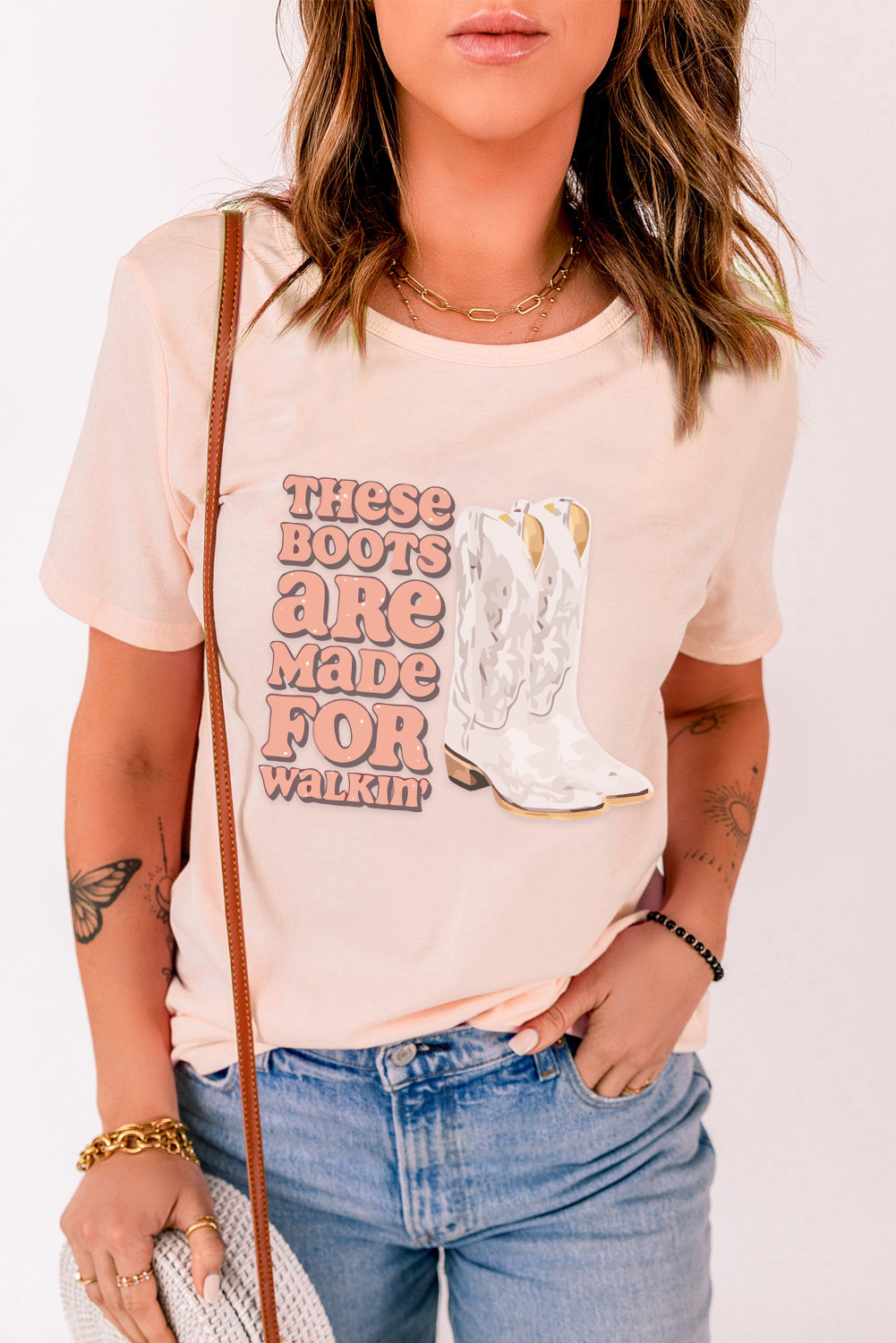 POGLIP Women's Pink These Boots Are Made For Walkin' Graphic Print Short Sleeve Tee