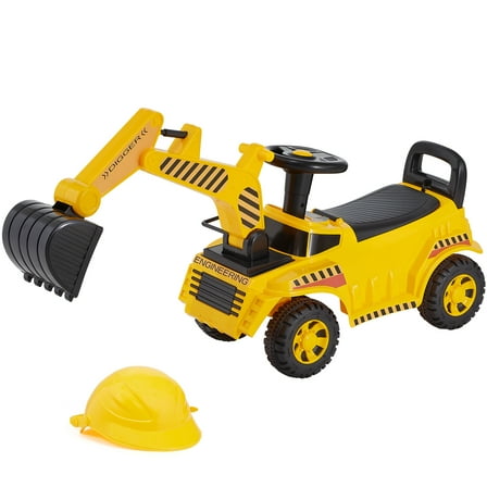KFFKFF Ride-On Excavator Toy for Toddlers, Push Car for Ages 19-36 Months, Includes Helmet & Music, 55 lbs Capacity, Foot-to-Floor Walker, Yellow