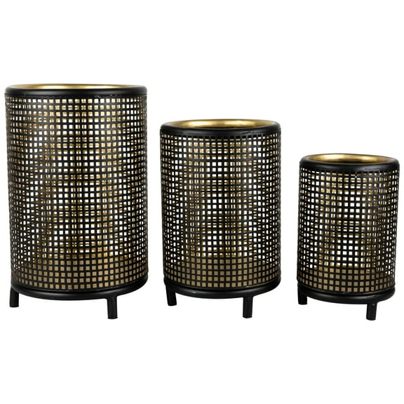 Northlight Iron Grid Pillar Candle Holders - 12" - Black and Gold Finish - Set of 3