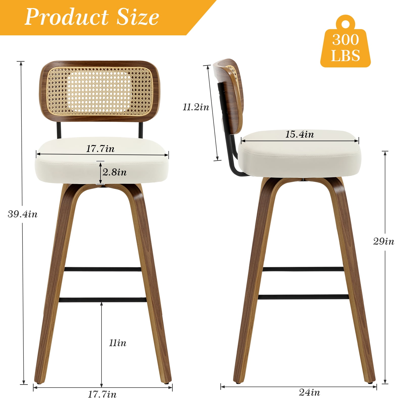 Foreate Swivel PU Bar Stools, Set of 2, 29" Bar Height Upholstered Leather with Rattan Back Wood Legs, Modern Chair Island Counter Stool for Kitchen, Cream White