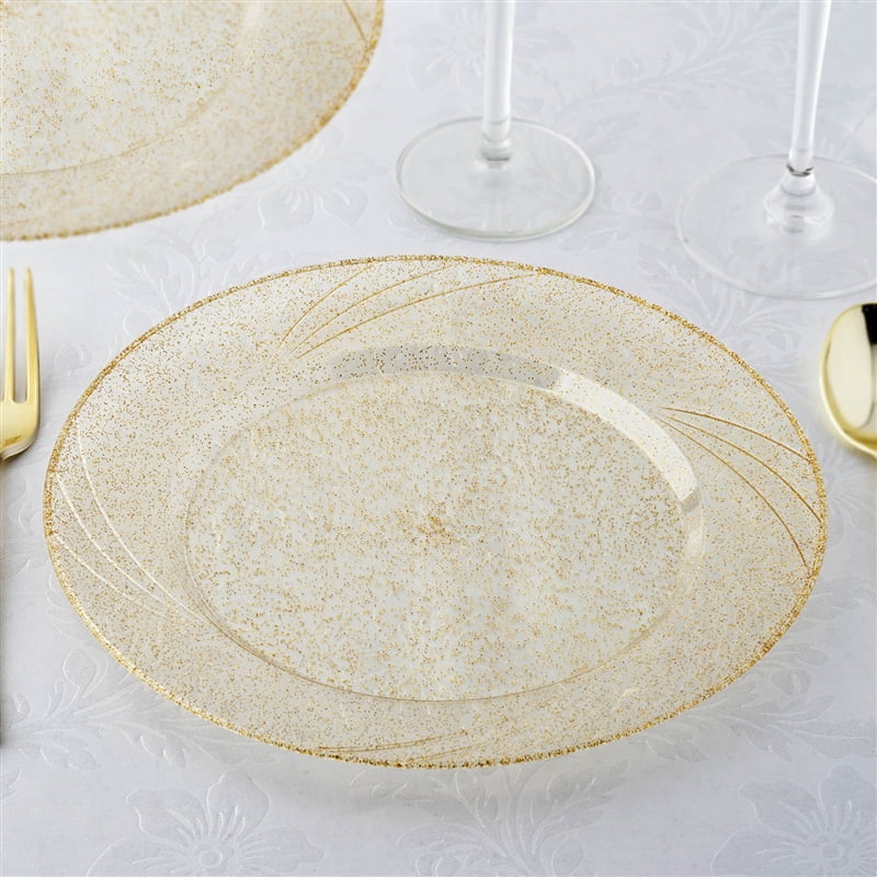 12 Pack 9" Gold Glitter Round Disposable Plastic Dinner Plates With