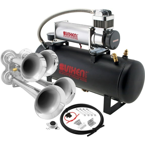 Vixen Horns Train Horn Kit for Trucks/Car/Semi. Complete Onboard System- 200psi Air Compressor, 2.5 Gallon Tank, 4 Trumpets. Super Loud dB. Fits Vehicles like Pickup/Jeep/RV/SUV 12v VXO8580/4114C