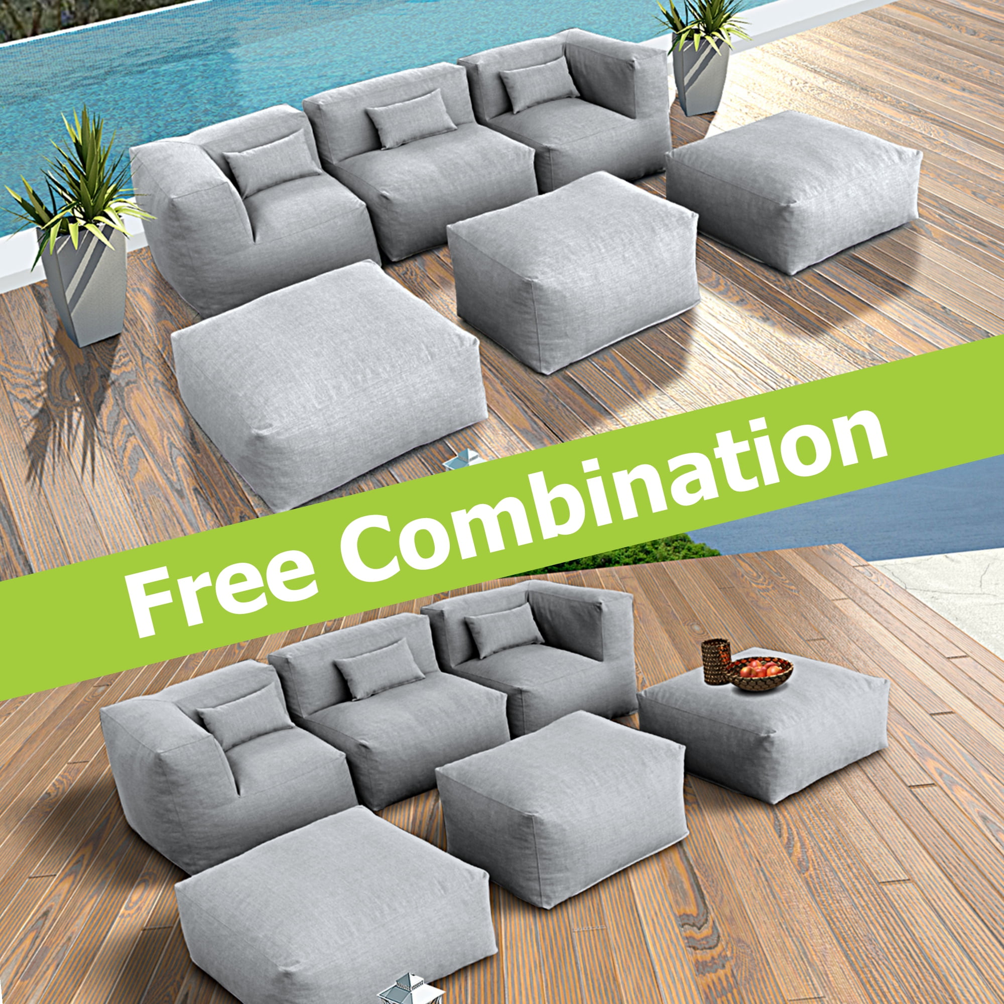 6 Pieces Olefin Patio Conversation Set with Thickened Cushions 5-Seat Outdoor Furniture Set with Bean Bag Chairs (Dark Gray)