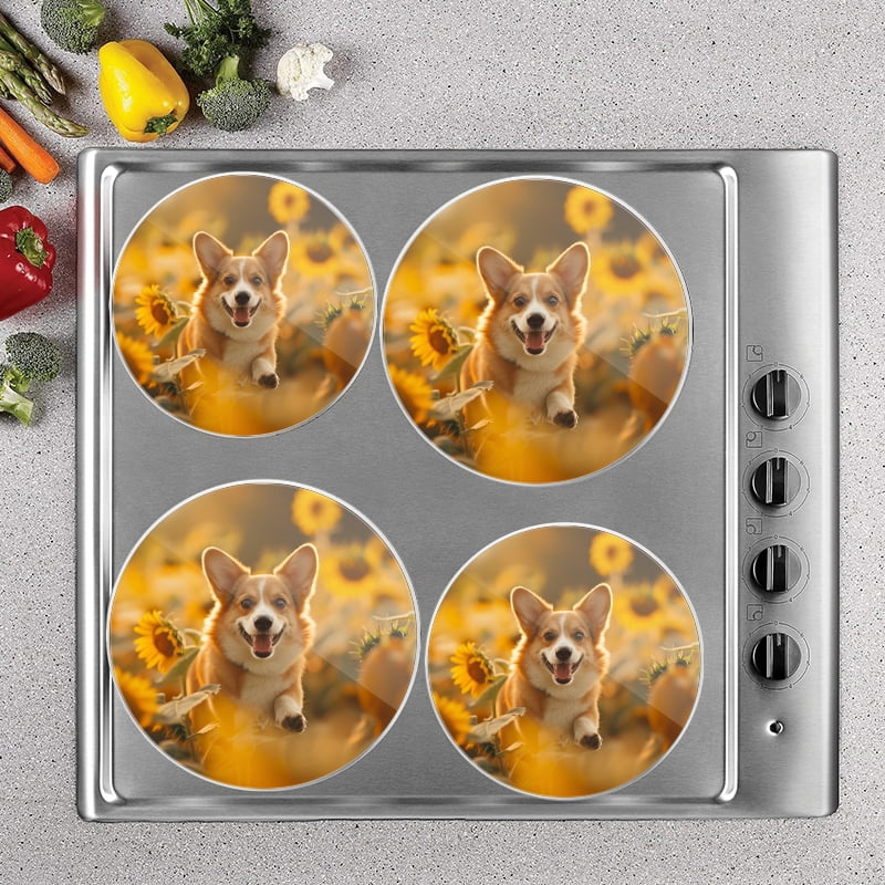 Bahomeck Electric Stove Burner Covers Set Of 4,Cute Corgi Running Through Sunflowers AndSmiling Metal Gas Stove Burner Covers,Protecting Gas Stoves,8 Inch And 10 Inch