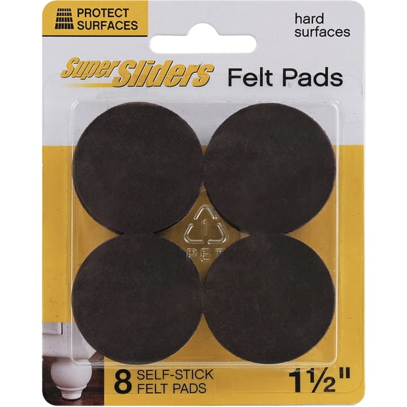 Super Sliders 1½ Inch Round Brown Felt Furniture Pads for Floor Protection - 8 Pack