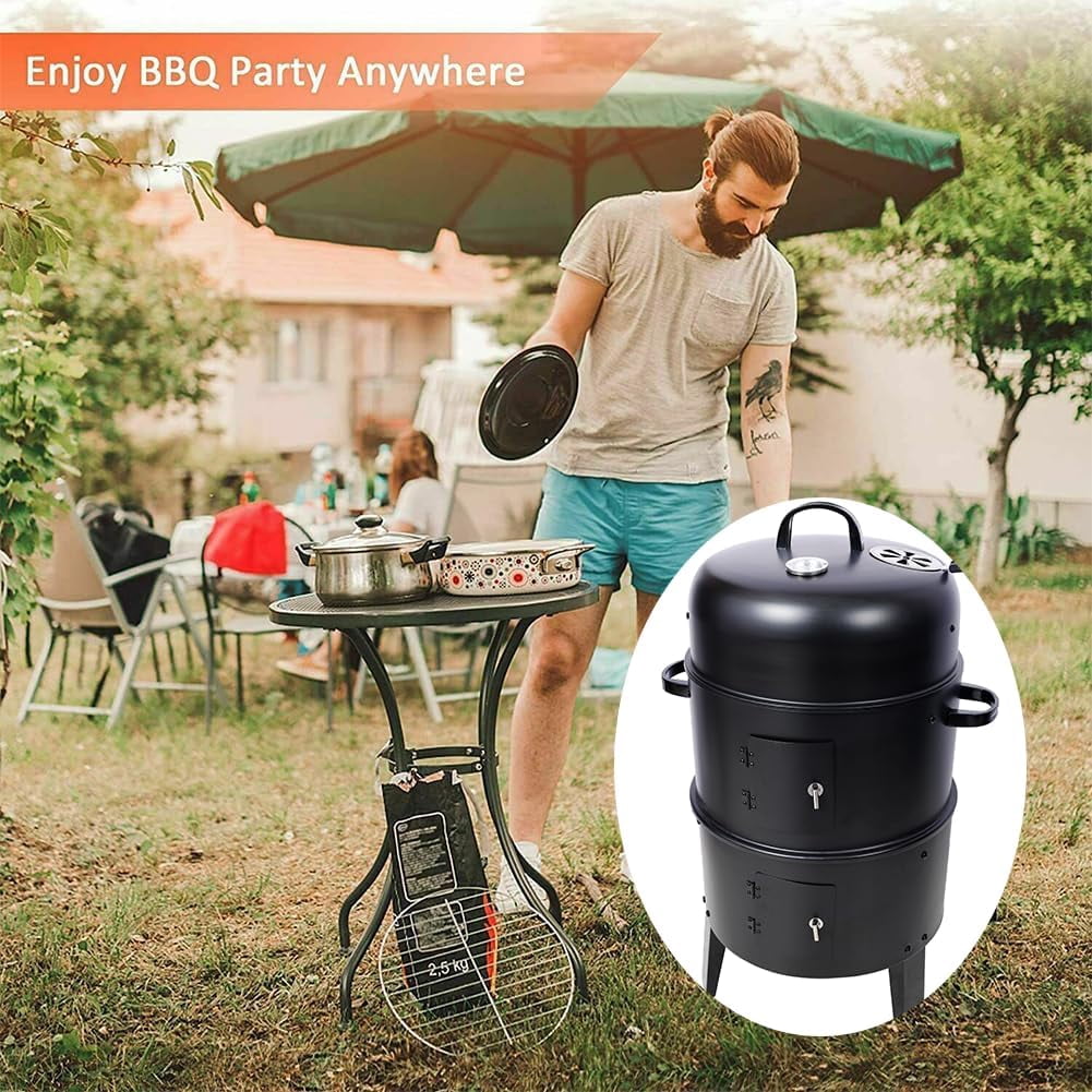 Acekid 16 inch Charcoal Smoker 3-in-1 Portable Heavy Duty Vertical BBQ Grill Meat Cooker Fire Pit with Built-in Thermometers Air Vent Black
