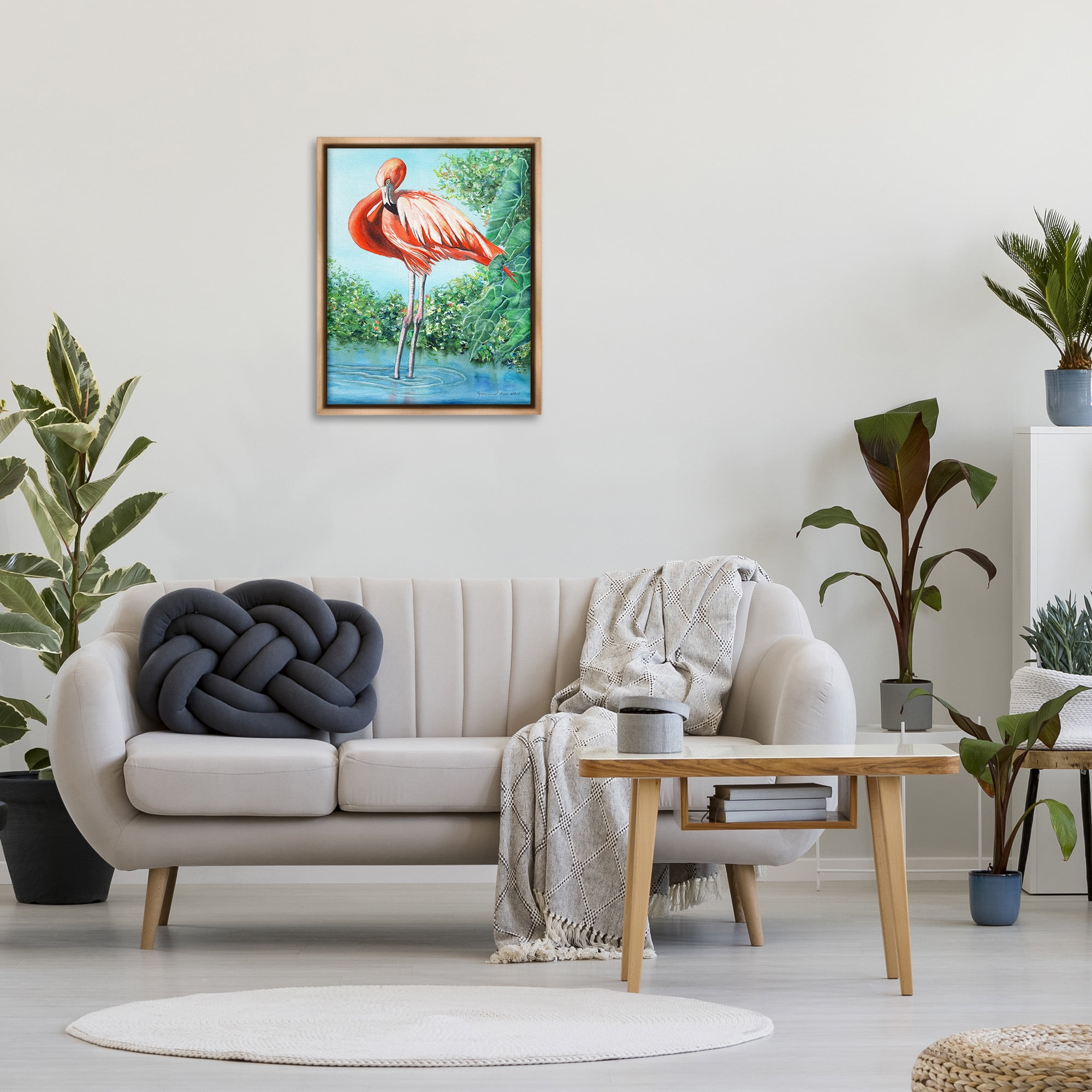 Stupell Industries Flamingo & Lush Nature Animals & Insects Painting Brown Floater Framed Canvas Art Print Wall Art, 25 x 31