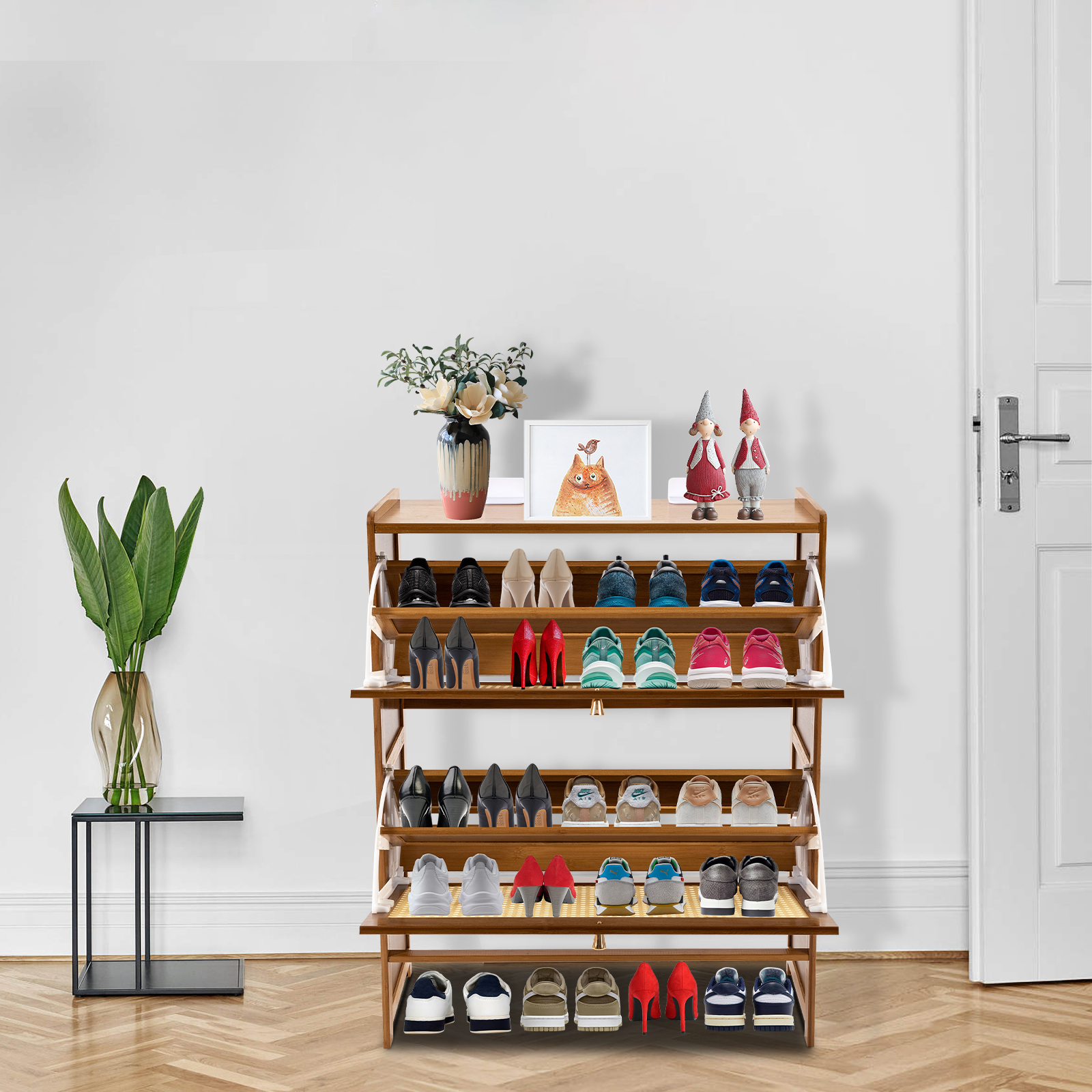 Wildnix 4-Tier Free Standing Rattan Shoe Rack with Flip Doors, Raised Baffle, Spacious Storage, Stylish Wood Grain Design for Entryway or Bedroom