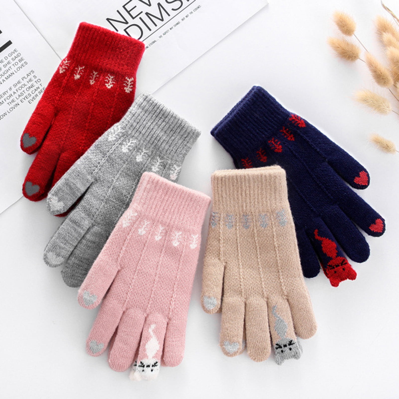 Women Girls Cat Print Touch Screen Gloves Winter Warm Stretch Wool Knitted UK 