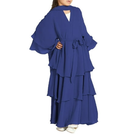 

Otqutp Kids Abayas Dress for Girls Dress with Hijab Chiffon Layered Islam Kaftan Robe Open Front Cardigan Prayer Dress for Kids 5-14Years(Dark Blue 11-12 Years)