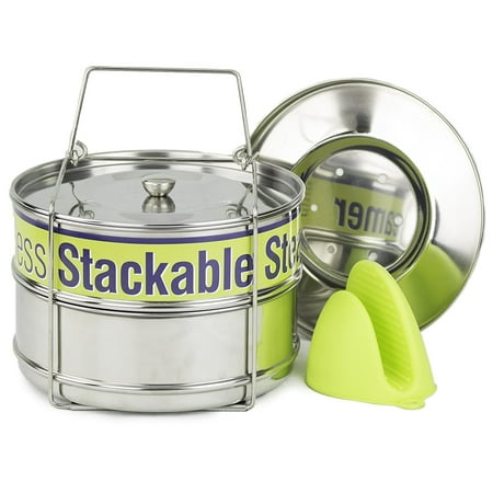 Microwave Steamer Pot Two Tier Steamer Insert Stackable Food Design | Instant Pot Steamer Set Includes 6, 8 Quart Pots, Sling, Mix ’n Match Lids | Stainless Steel Steamer ()