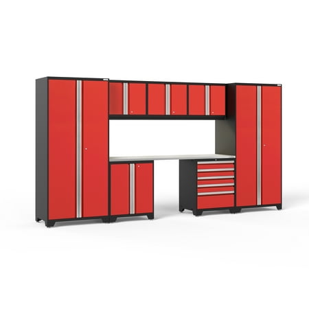 

NewAge Products Pro Series Red 8 Piece Cabinet Set Heavy Duty 18-Gauge Steel Garage Storage System LED Lights Included