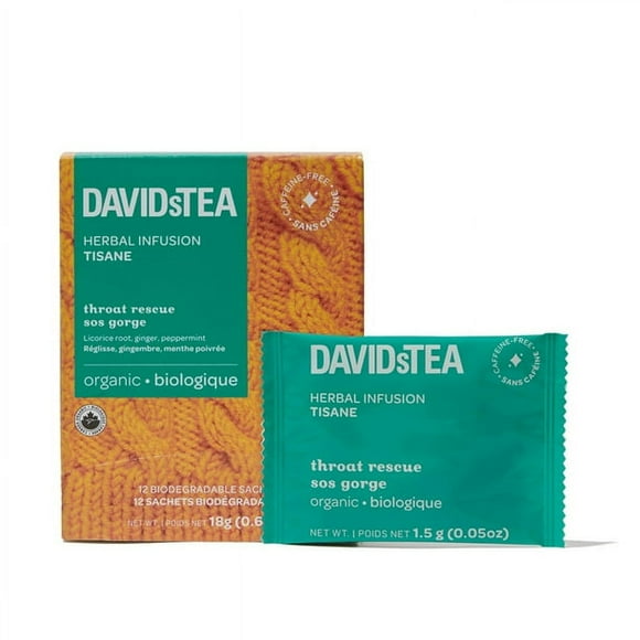 DAVIDsTEA Herbal Tea, Throat Rescue, Pack of 12 Individually Wrapped Sachets