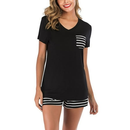 

FANTADOOL Summer Pajamas Striped V-neck Short Sleeve Shorts High-Quality Fabric Comfortable Two-piece Suit Home Service Women suits