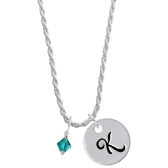Delight Jewelry December - Teal Crystal Bicone Silvertone Script Initial Disc - K - Charm Necklace, 20"+3"