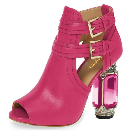 

XYD Women Fashion Peep Toe Ankle Booties Crystal Block Heels Double Buckle Strap Cut-out Pumps Chic Dressy Shoes Size 4 Fuchsia
