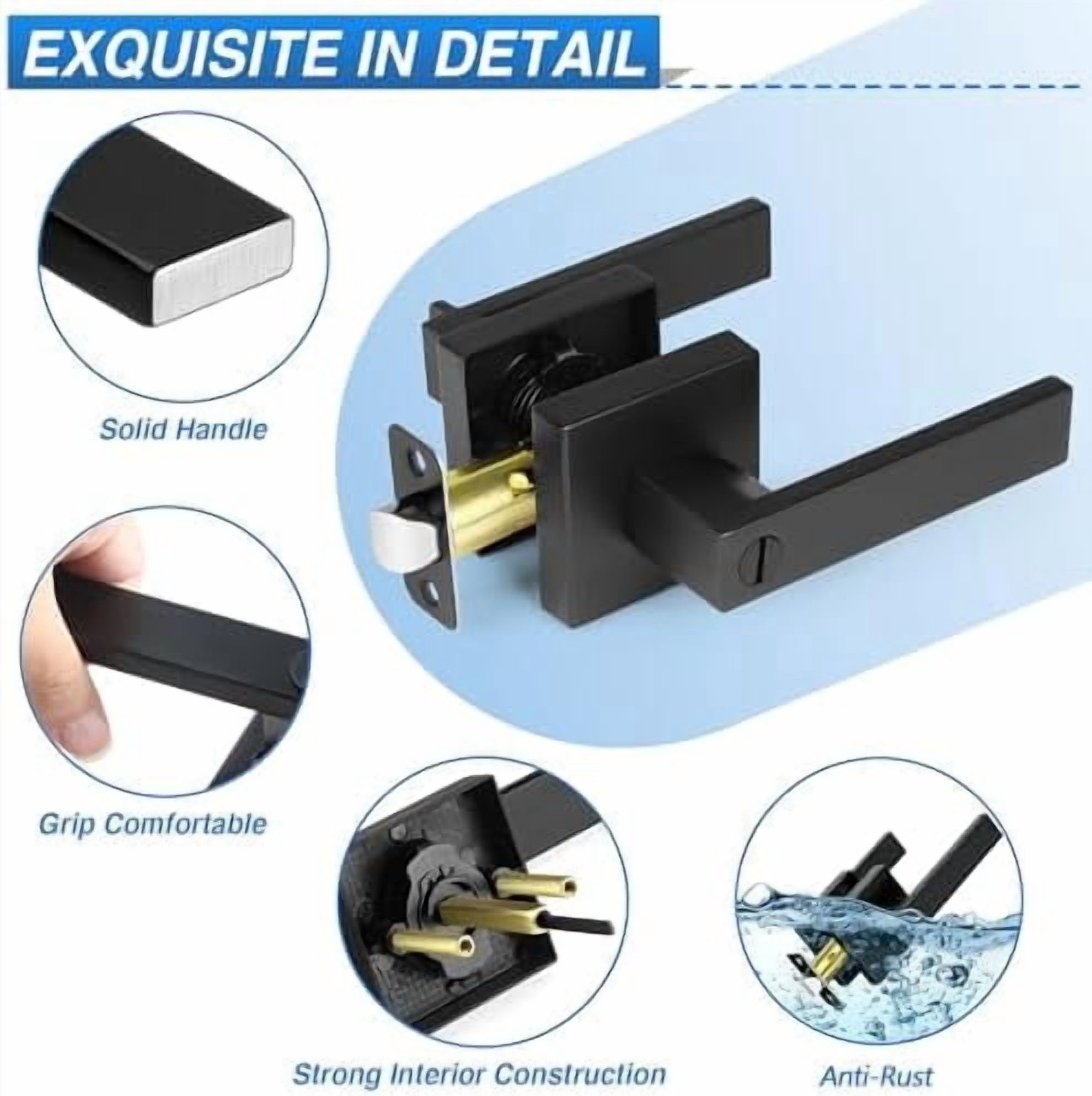 1 Pack Matte Black Door Handles, Keyless Interior Door Knobs, Privacy Door Lever Locksets for Bedroom Bathroom, Heavy Duty Square Door Lock, Reversible for Left&Right Handled Doors