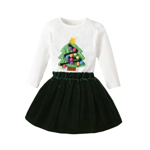 Bainana Christmas Outfit Set For Girls Long Sleeve Santa Tree Print Tops Skirt 2 Pieces Clothes Set Toddler Kids Trendy Daily Wear