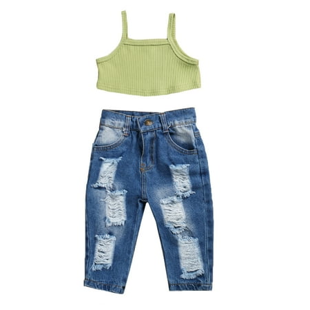 

Mioliknya 2Pcs Baby Girls Summer Clothes Set Ribbed Knit Cropped Camisole Ripped Jeans
