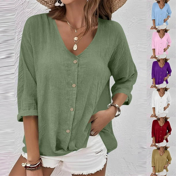 Tops de manga larga,Camiseta de manga larga con cuello en V para mujer, blusa informal lisa, tejido de poliéster suave, cómoda para uso diario, sopatenor