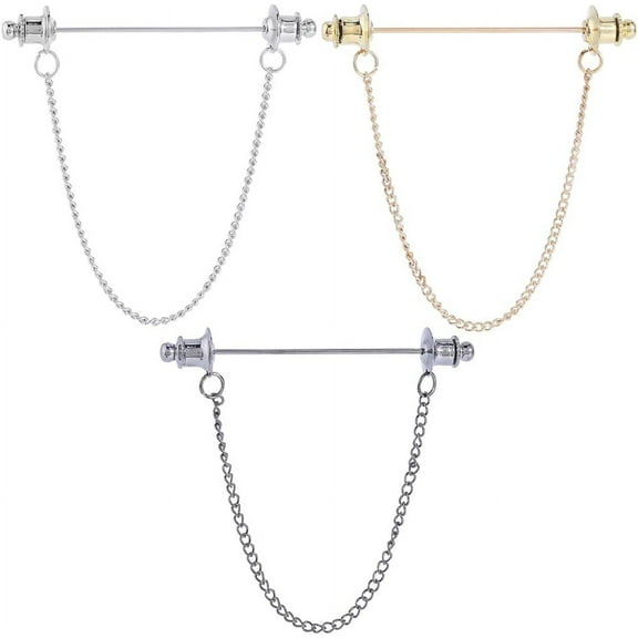 1Box 3Pcs Men's and Women's Shirt Chain Collar Pins Gold Silver Black Metal Double Chain Lapel Pin Collar Bar Tassel Necktie Pins Clasp Stud Brooch Stick